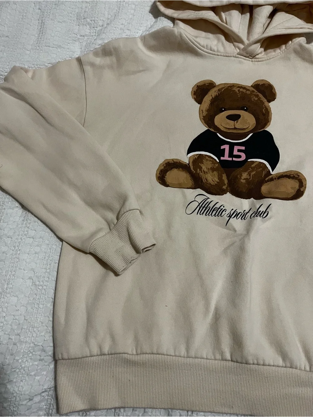 H&M Big Kids Teen Hoodie with Teddy Bear Athletic Club Graphic Ecru Sz 20 School